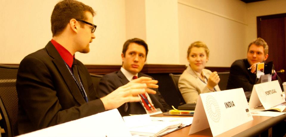Michael Zona (second from left), Pace University New York City Model United Nations head delegate, representing Portugal in a simulation of the Security Council at the 2013 National Model UN.