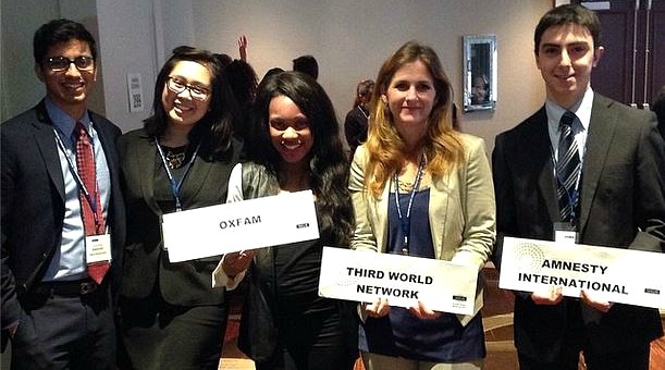 Harsh Mehta, Nelli Agbulos, Inemesit Essien, a friend and Vato Gogsadze in a simulation of the Commission on the Status of Women at the 2014 National Model UN conference in New York.