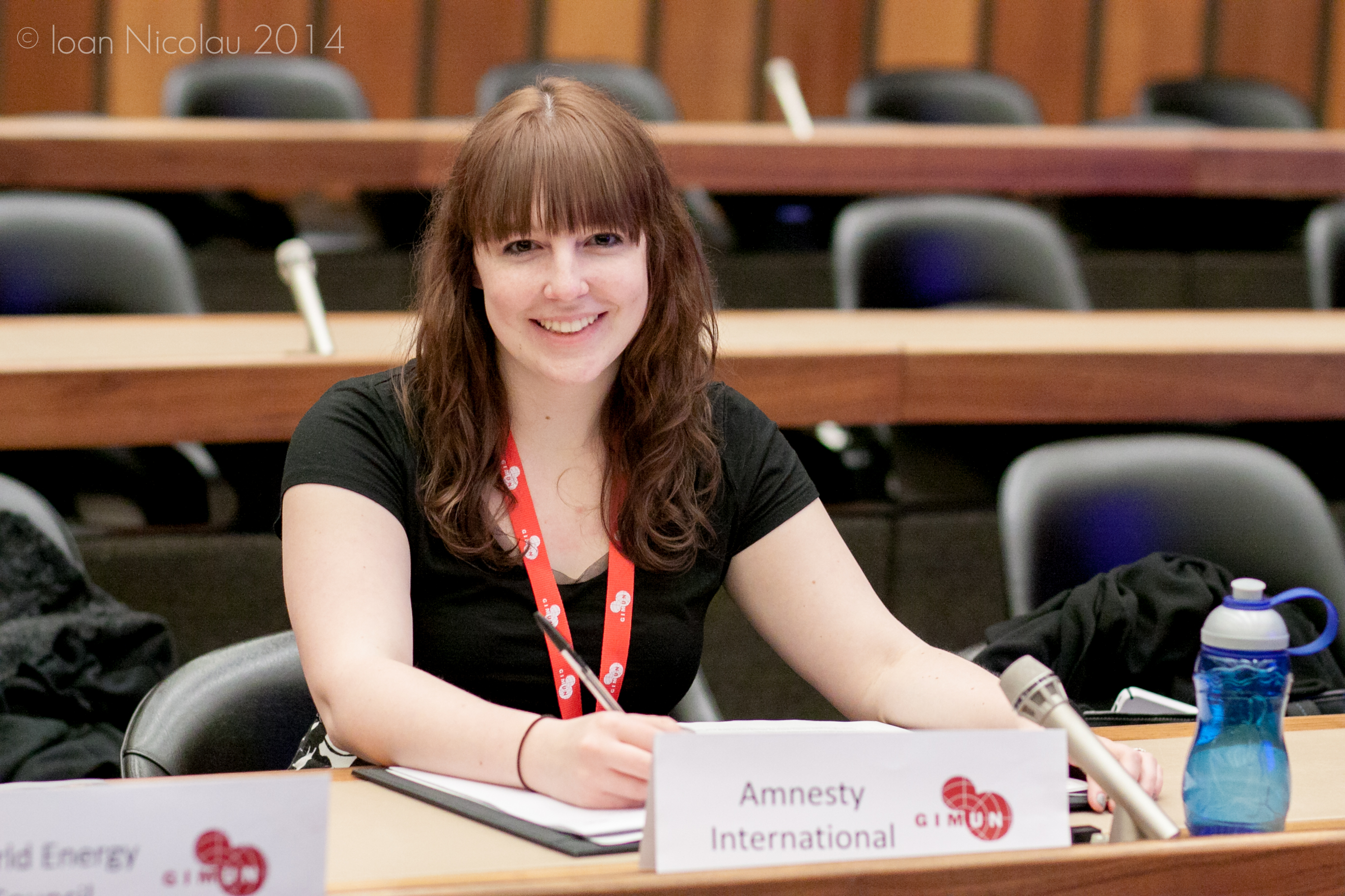 Pace University student Elena Marmo '15 representing Amnesty International in a simulation of the Human Rights Council at the 2014 Geneva International Model UN conference. Photo courtesy of GIMUN.