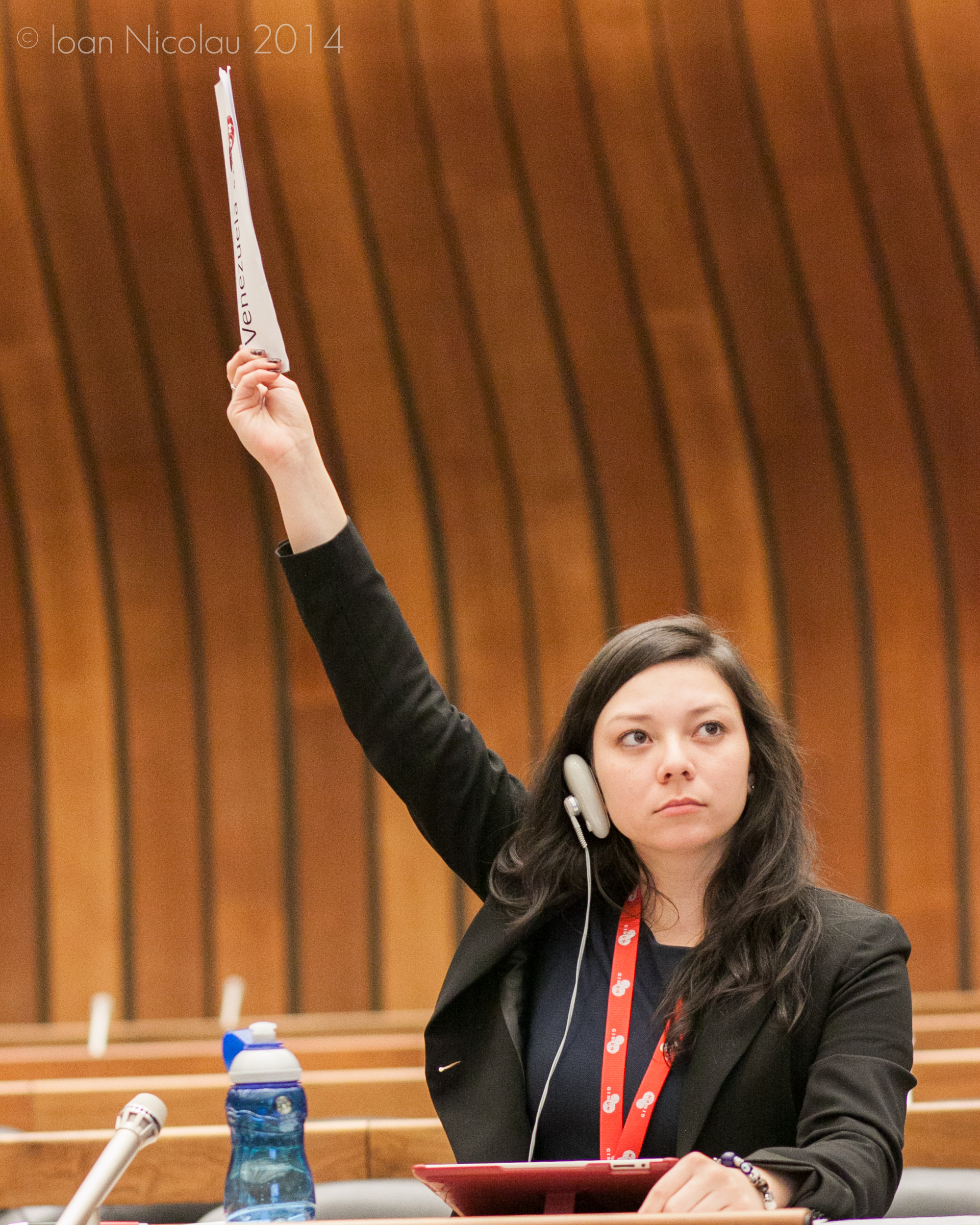 Pace University student Jackie Kelleher '15 representing Venezuela in a simulation of the Human Rights Council at the 2014 Geneva International Model UN conference. Photo courtesy of GIMUN.