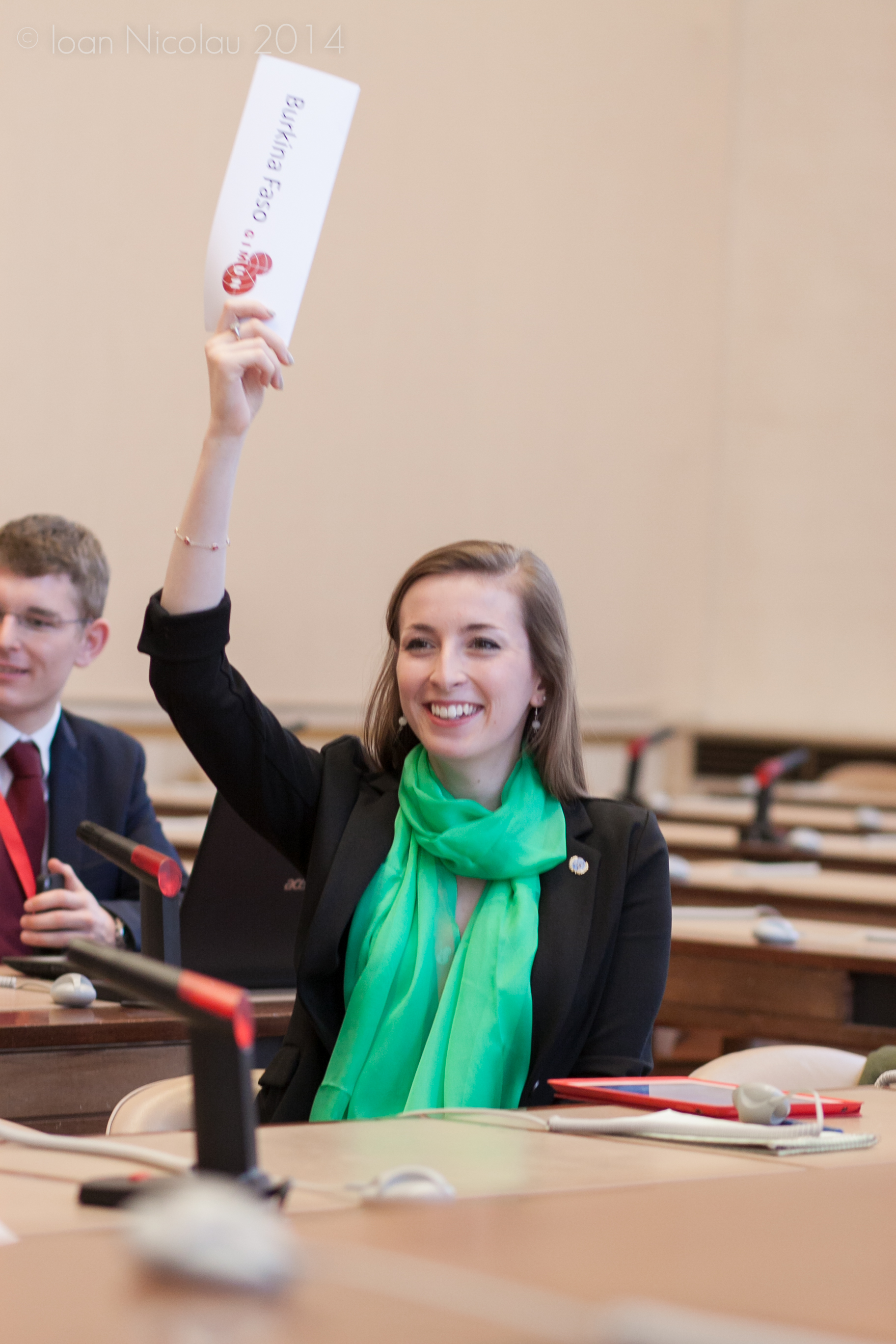 Pace University student Kyla Korvne '15 representing Burkina Faso in a simulation of the Economic and Social Council at the 2014 Geneva International Model UN conference. Photo courtesy of GIMUN.