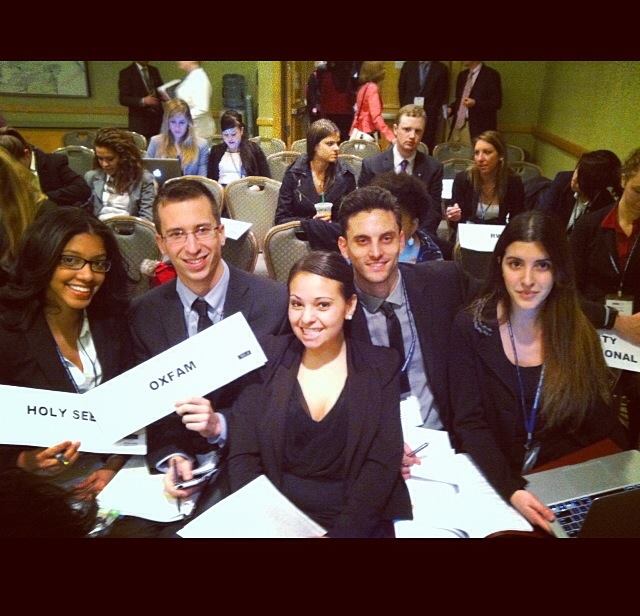 (Left to Right) Gisselle Rodriguez, Hartley Cavallaro, Natalia Morales, Matthew Jamele and Lilly Bogner participating in a simulation of the UN High Commissioner for Refugees at the 2014 National Model UN conference in New York.