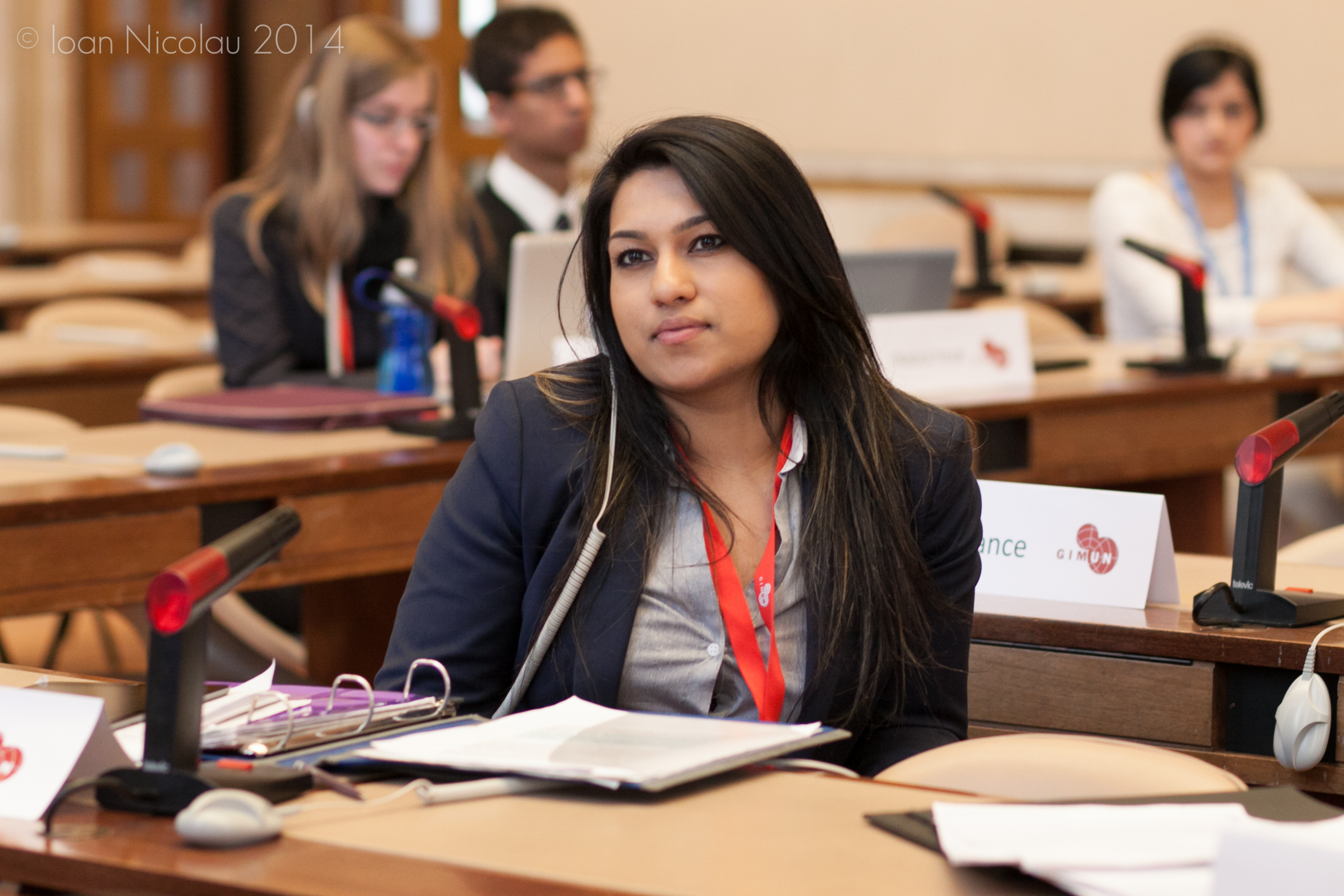Pace University student Rumsha Zahid '15 representing Albania in a simulation of the Economic and Social Council at the 2014 Geneva International Model UN conference. Photo courtesy of GIMUN.