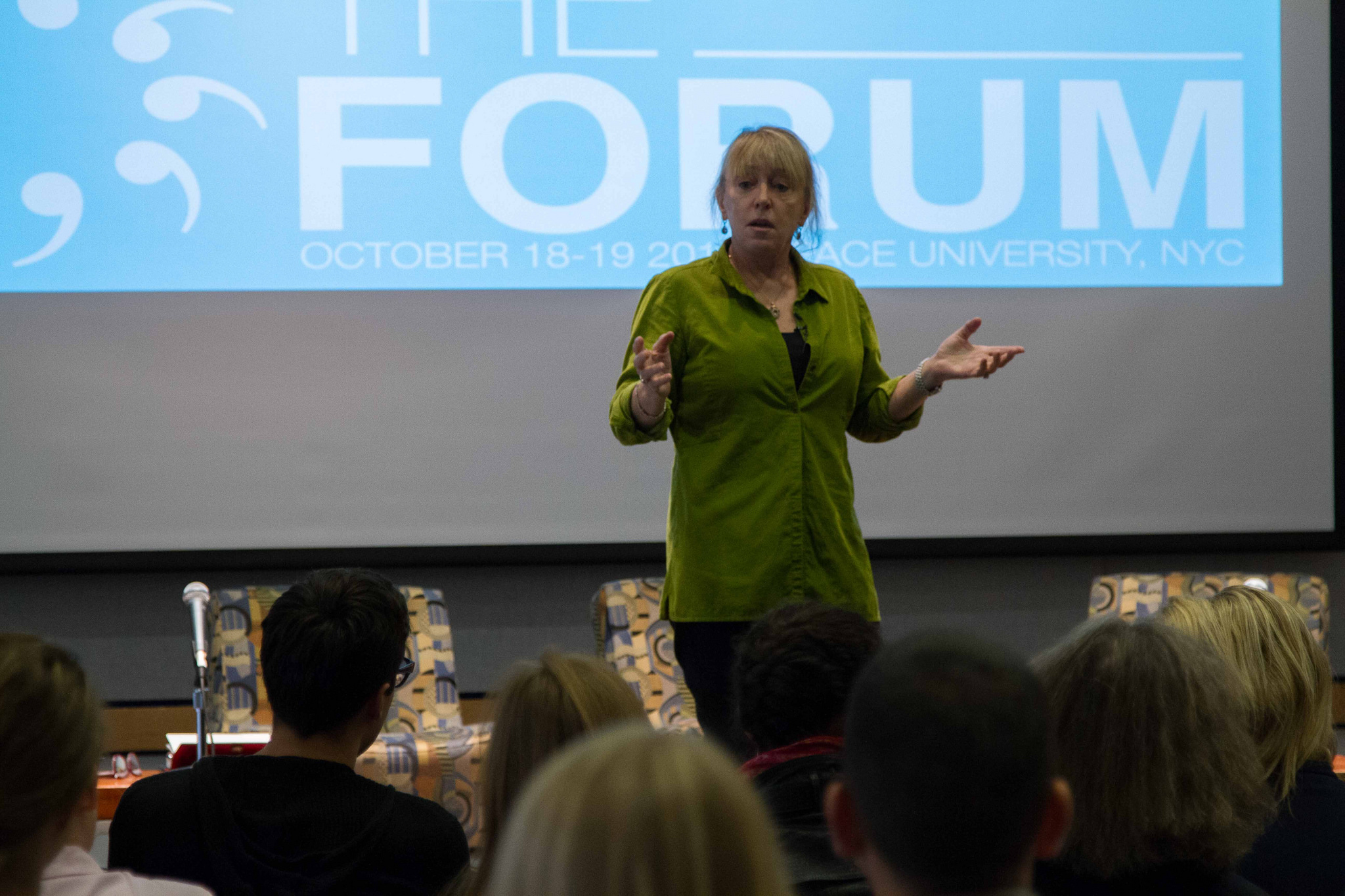 Nobel Peace Prize Laureate Jody Williams delivering keynote address at the 2014 Disarmament Forum at Pace University New York City. Photo: Control Arms.