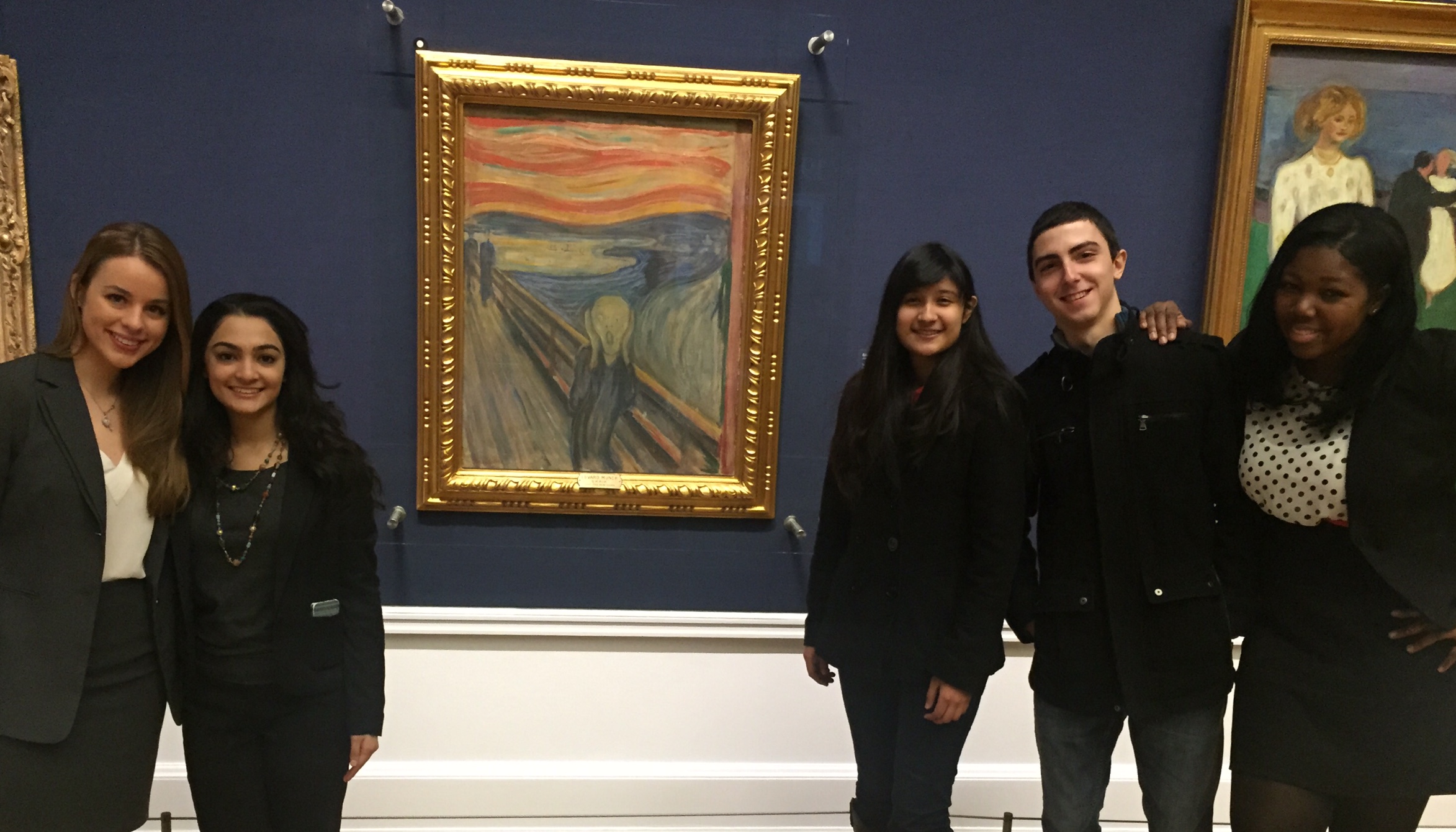Pace University New York City Model UN students take a break from the 2015 OsloMUN conference to visit Edvard Munch's painting The Scream. Left to right: Lindita Capric '15, Priya Sakaria '17, Jennifer Diaz '16, Vato Gogsadze '15 and Shade Quailey '15.