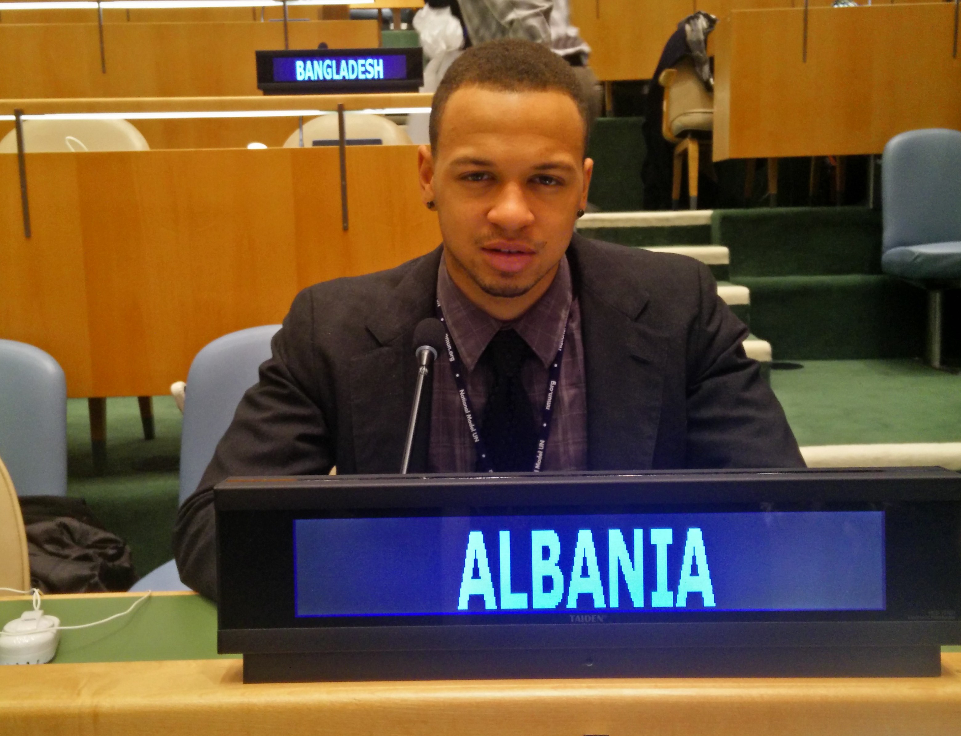 Pace student Jason Davis representing Albania in the United Nations General Assembly Room at the 2015 National Model UN conference in New York City.