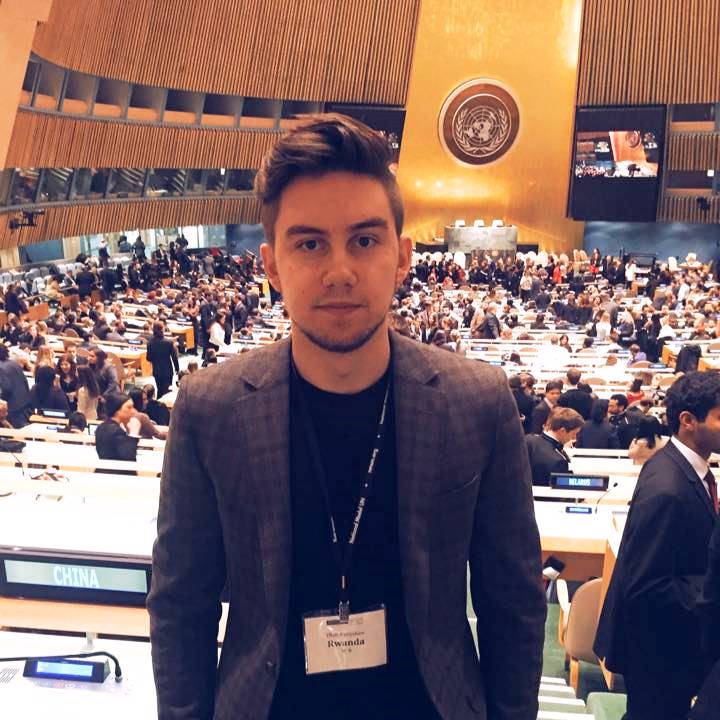 Pace student Oleh Puryshev in the United Nations General Assembly Room during the 2015 National Model UN conference in New York City.