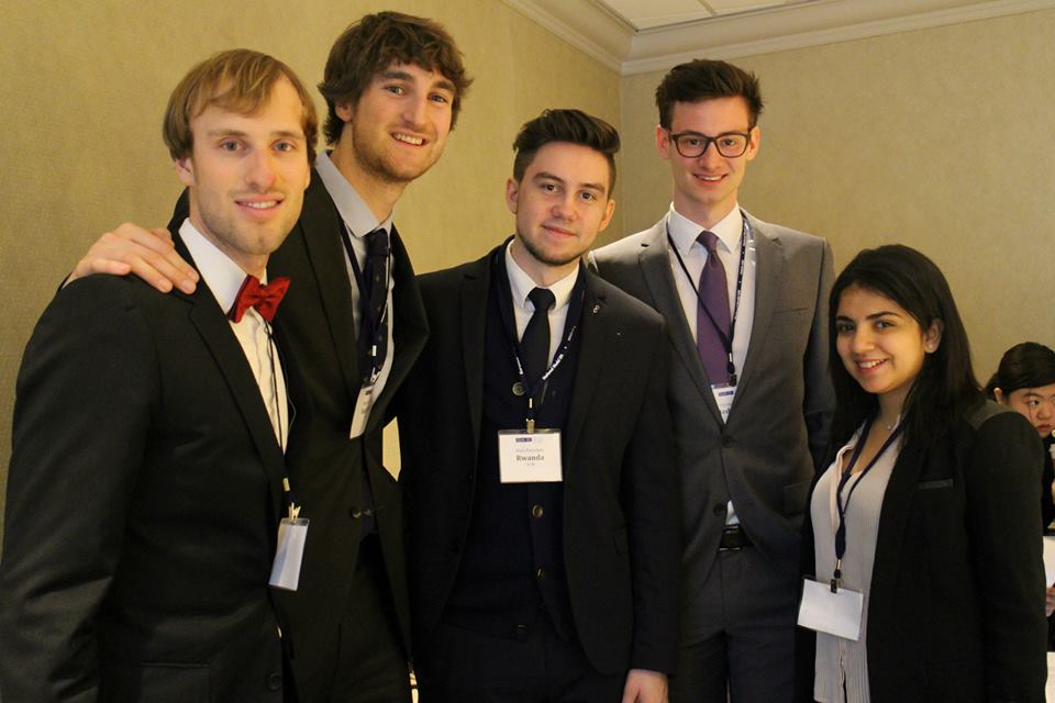 Pace student Oleh Puryshev (center) with other students in the simulation of the UN Security Council at the 2015 National Model United Nations conference in New York City.
