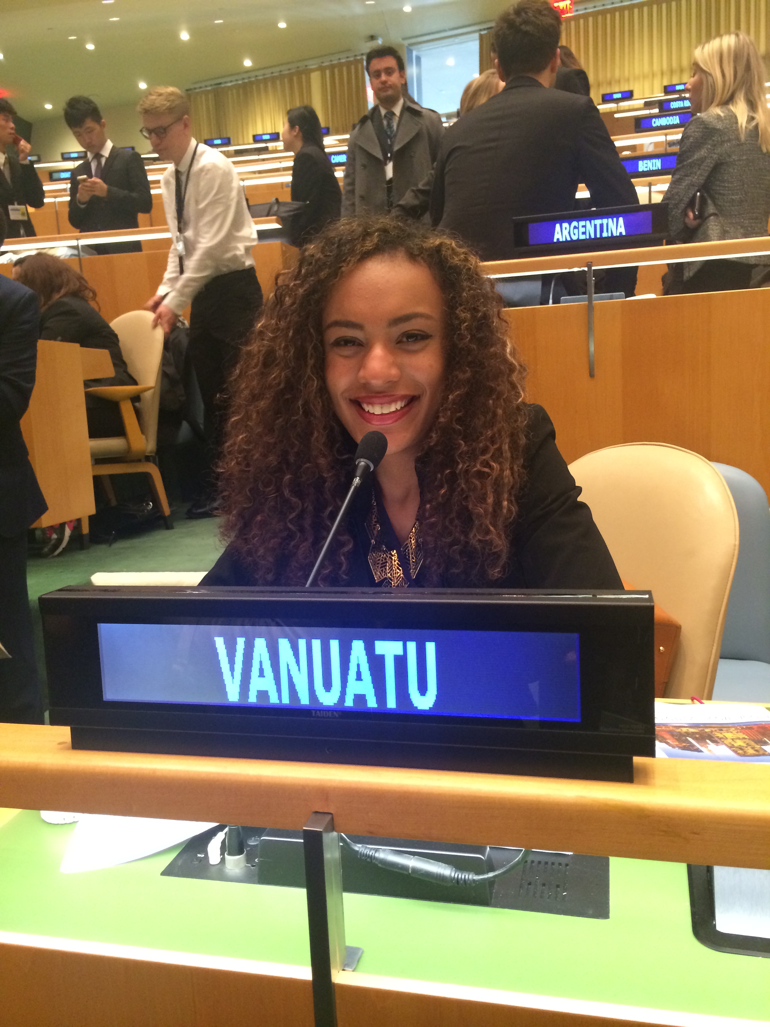Pace student Yasmine Coccoli, representing Vanuatu in the United Nations General Assembly Room during the 2015 National Model UN conference in New York City.
