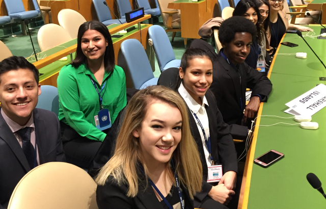 Nicolas Iniguez ’20 (left, front) and Katherine Ketterer (right, front) representing the Republic of the Marshall Islands at the 2018 National Model UN conference in New York City.